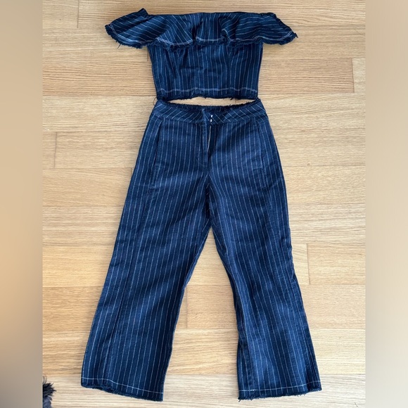 T BY ALEXANDER WANG NAVY WHITE STRIPED HIGH WAIST PANTS - Picture 3 of 6